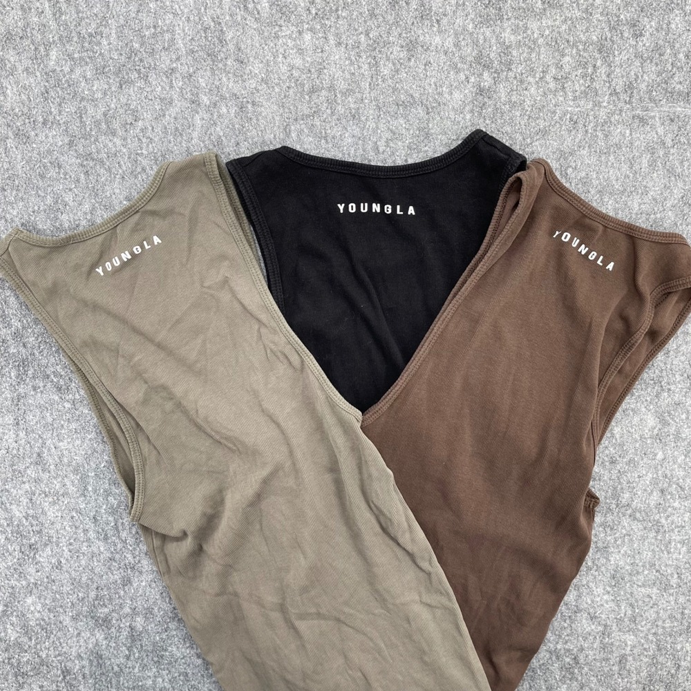 YoungLA Mens Ribbed Tank Top 3 Pack Black Brown Olive Green XL Gym Athletic